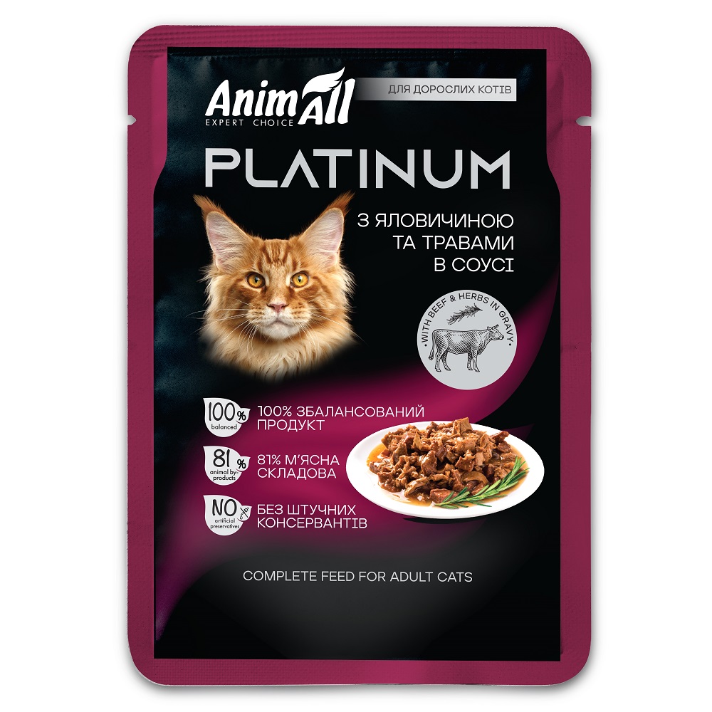 АнімАлл вологий корм PLATINUM Пауч для дорослих котів з Яловичиною та Травами в соусі фото 1