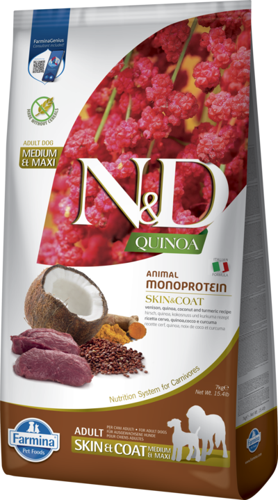Фарміна дог сухий N&D QUINOA DOG SKIN & COAT, VENISON & COCONUT ADULT MEDIUM & MAXI з олениною та кокосом фото 1