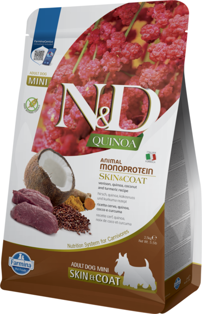 Фарміна дог сухий N&D QUINOA DOG SKIN & COAT, VENISON & COCONUT ADULT MINI з олениною та кокосом фото 1